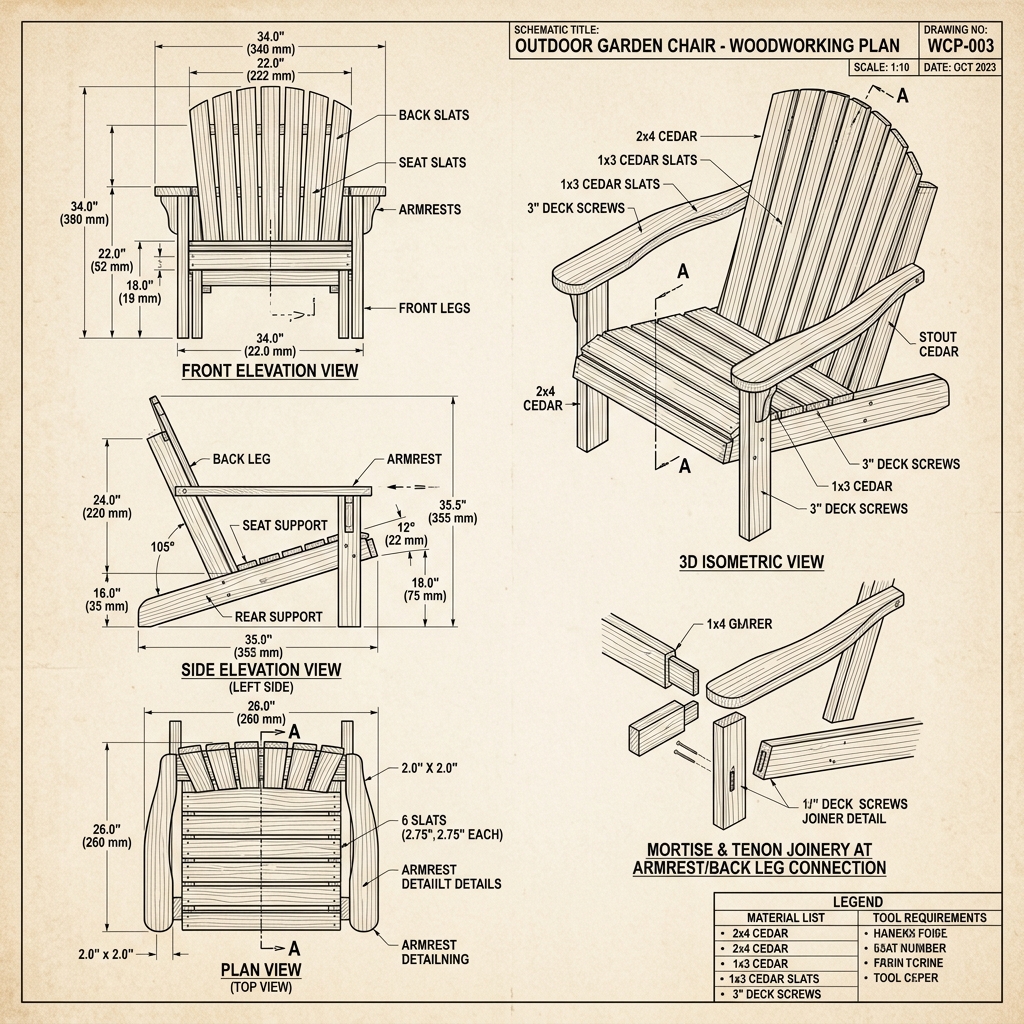 Woodworking chair blueprint schematic with measurements and cut diagram